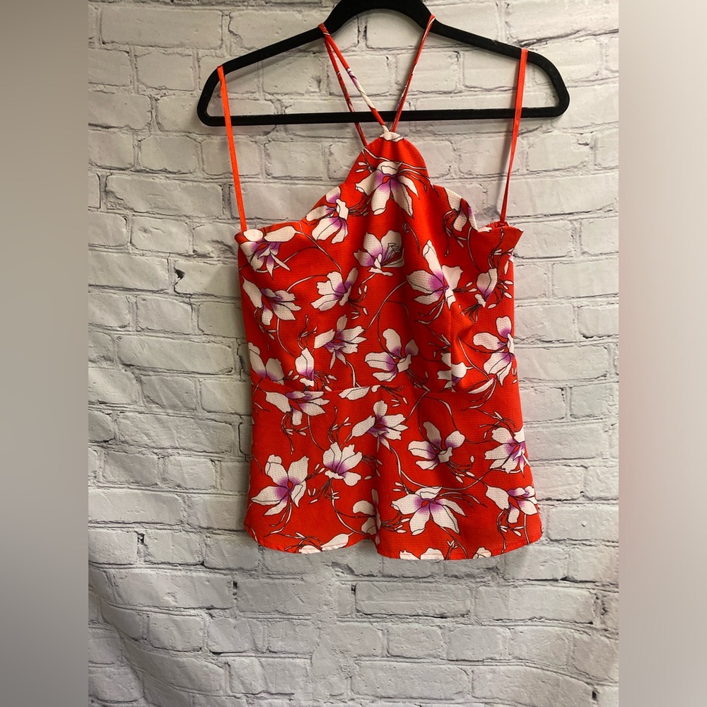 5/$20 Monteau Los Angeles Women’s Red White‎ Pink Floral Peplum Halter Top Sz L